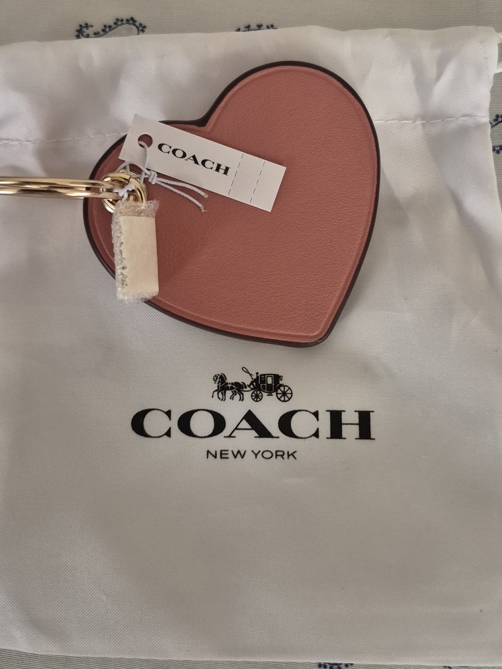 COACH Pink Heart Leather Key Charm with Gold Hardware
